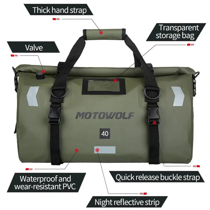MotoWolf Motorcycle Waterproof Duffle Bag 40-66L